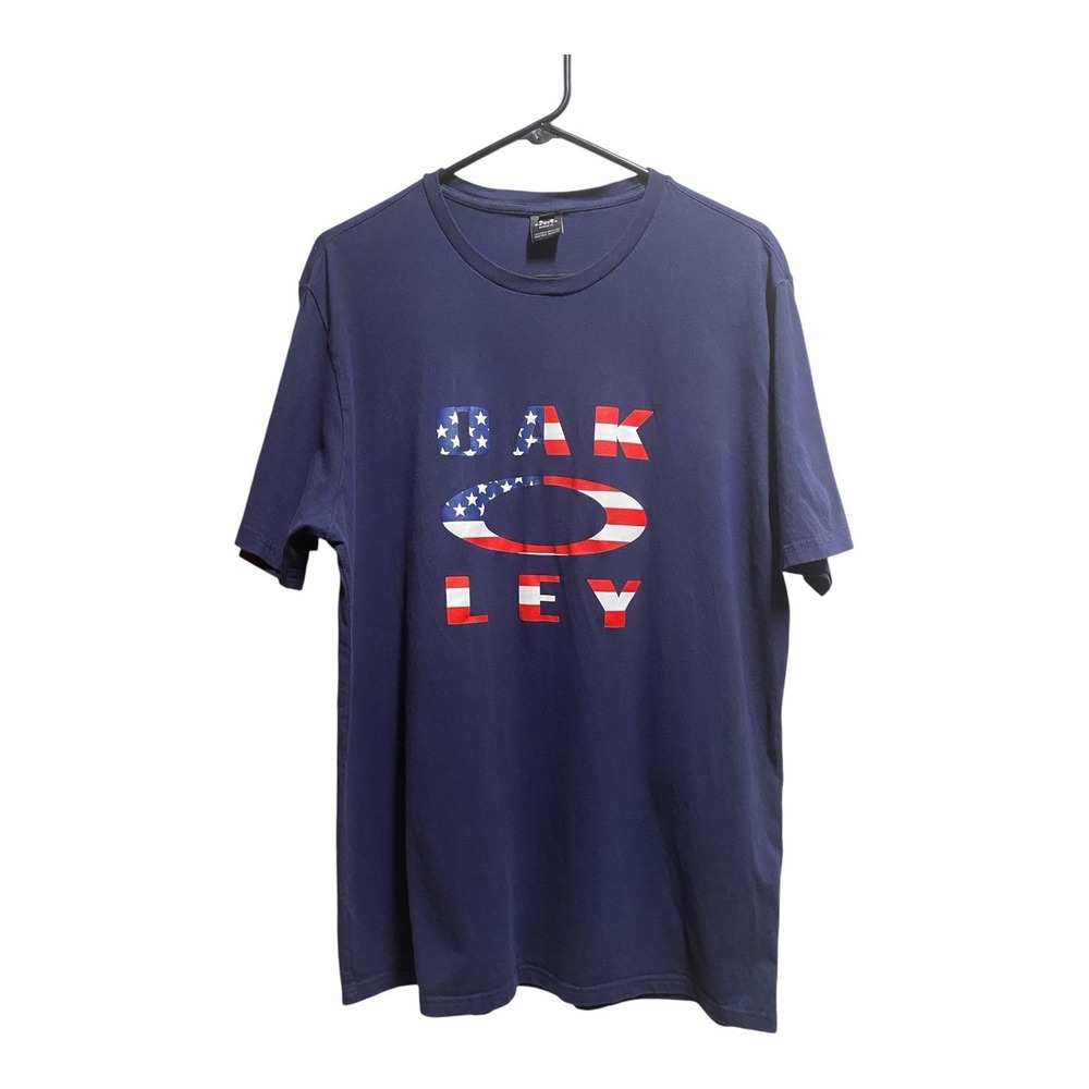 Oakley T-Shirt Men's 2XL Blue Short Sleeve USA Flag Logo Tee Regular Fit Active